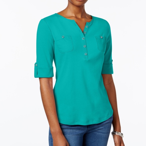 Karen Scott Tops - Karen Scott Cotton Teal  Roll-Tab-Sleeve Shirt